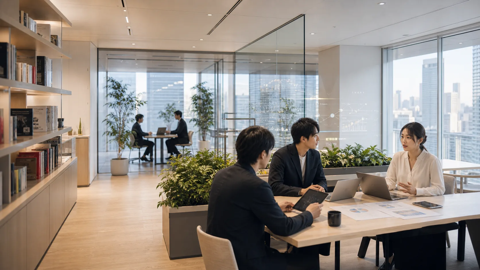 自然光の入る空間で事業戦略を議論するJQITのチーム