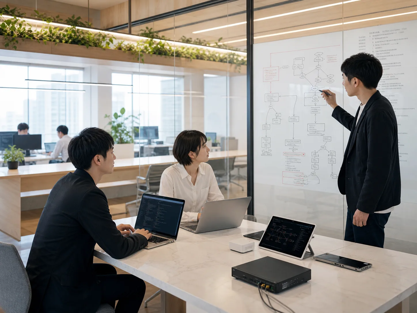 自然光の入るオフィスでシステム設計を議論するエンジニア