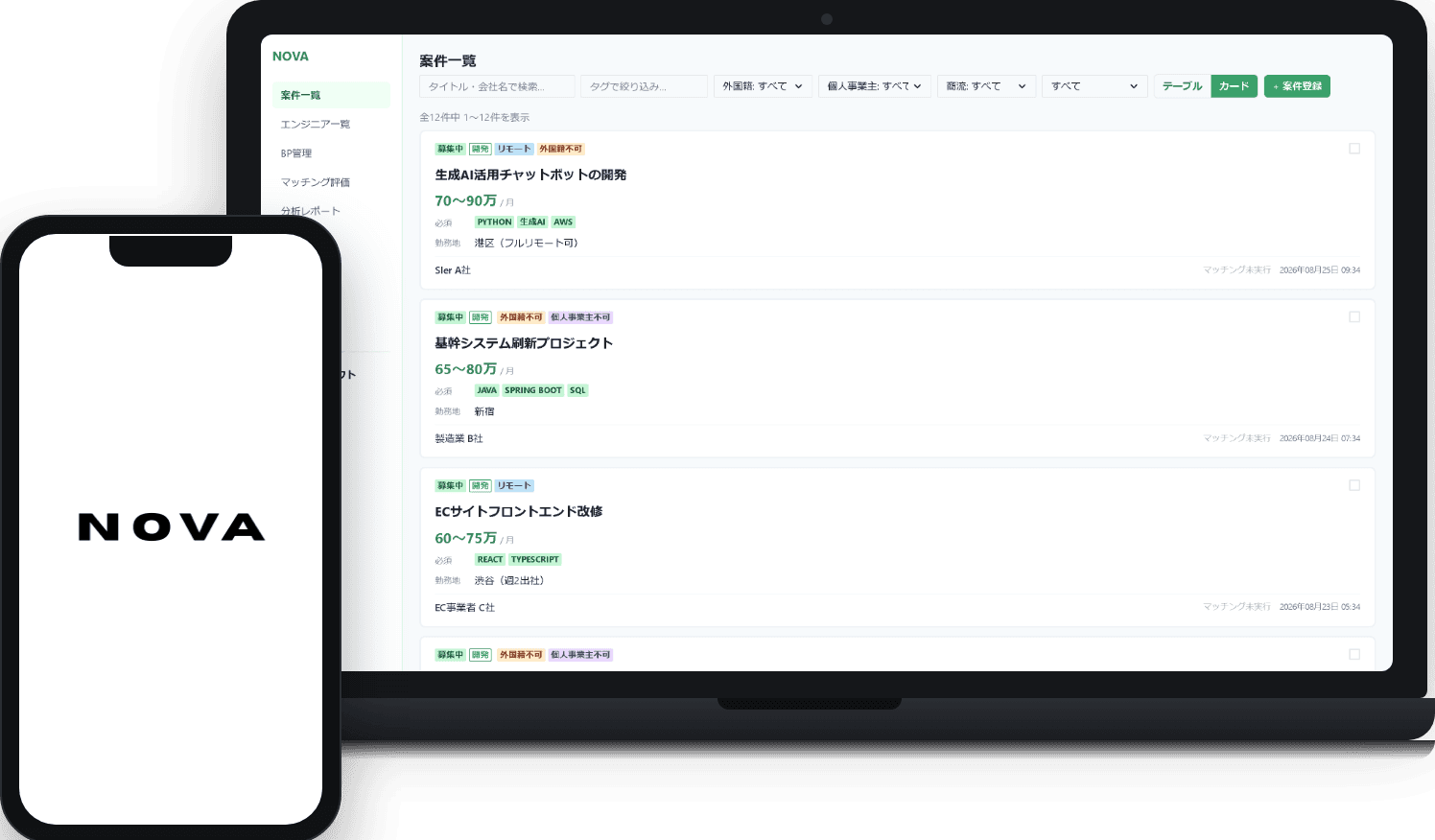 NOVA 管理画面 — AIマッチングアシスタントと案件一覧